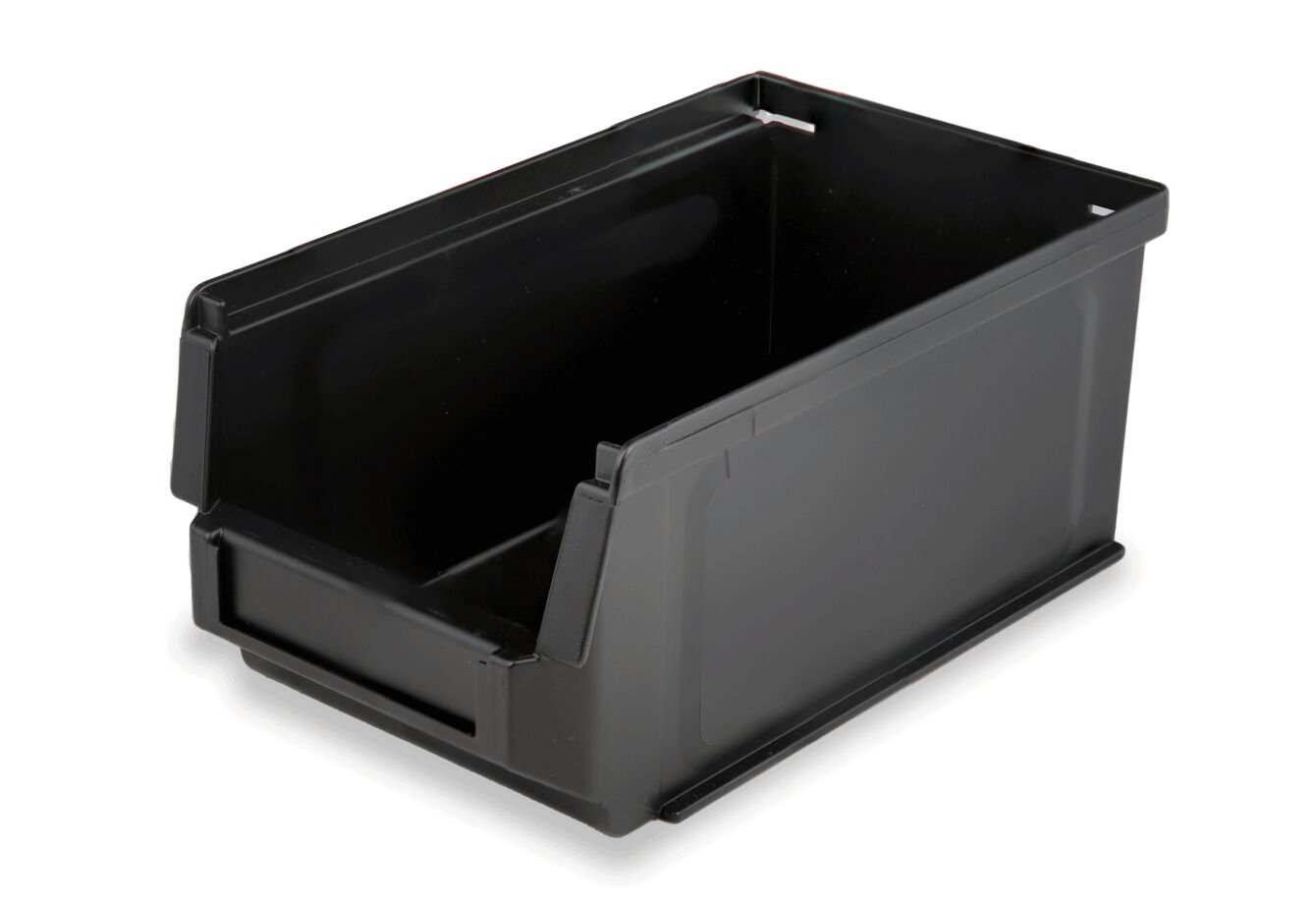 The image displays a rectangular, black plastic box. It has open sides and a smooth surface that is easy to clean. Ideal for storing items.