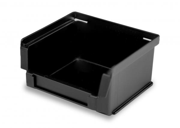 The image displays a black, square plastic box without a lid. It features a flat, open top and slightly raised side walls. The edges are straight and the design is simple.