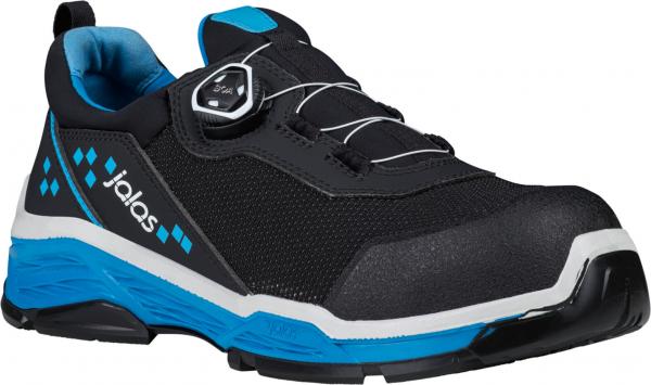 The shoe is black with blue accents and a shiny, sturdy sole. It has a quick lacing system and a sporty, modern shape. Ideal for active use.