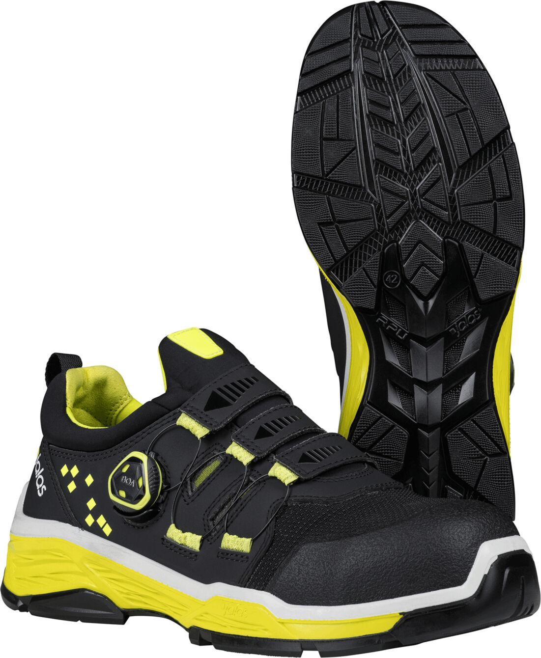 The image shows a pair of sporty, black shoes with bright yellow accents. One of the shoes is equipped with a quick-lacing system that is visible on the top. The sole is textured and robust.