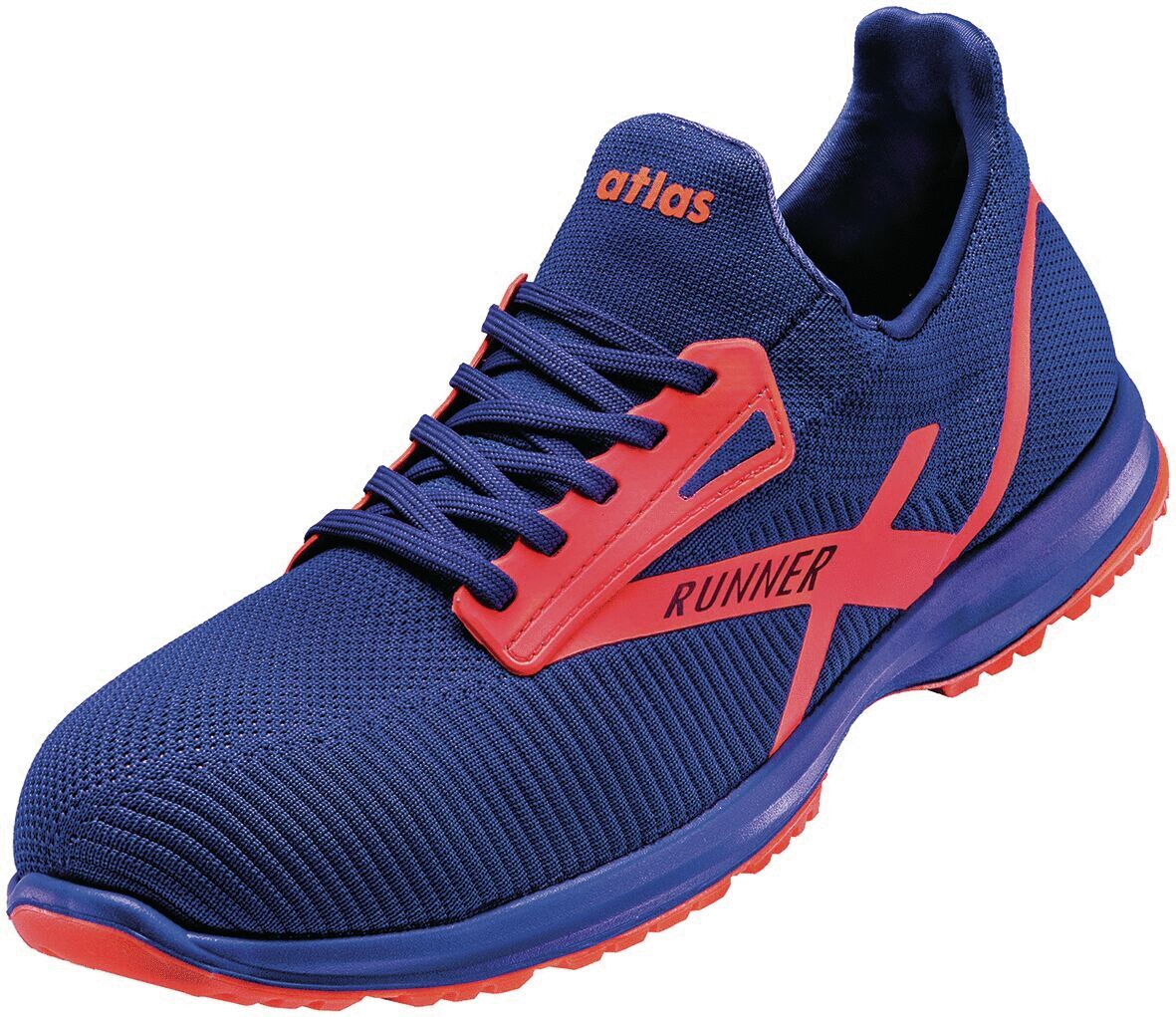 The shoe is sporty, with a blue fabric upper. Red accents can be seen on the side and on the sole. It has laces and a prominent "RUNNER" inscription.