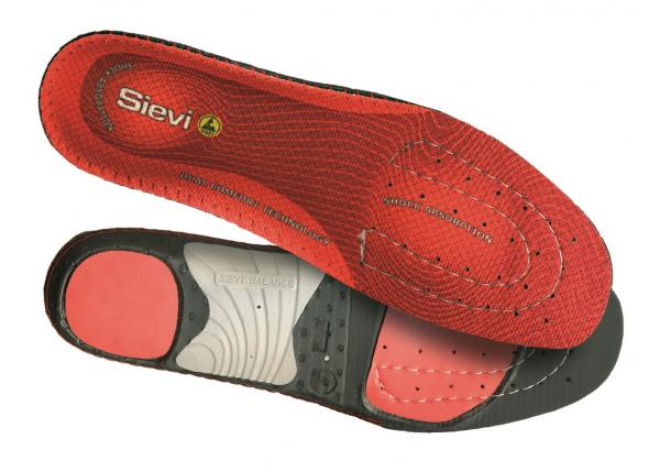 The image shows an insole for shoes. The top side is red with a textured surface, while the bottom side is gray and equipped with special padding.