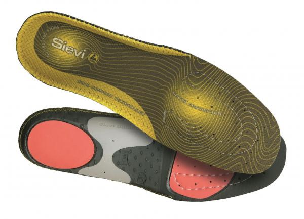 The image depicts a shoe insole. It features a yellow top with wave patterns, a black bottom, and padded areas in various colors (red, gray).