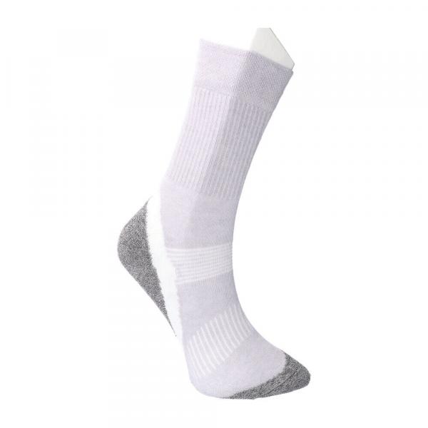 The image displays a sock-like item in light colors. The sock features a striped design and a gray sole. The upper part is smooth, while the rest appears textured.