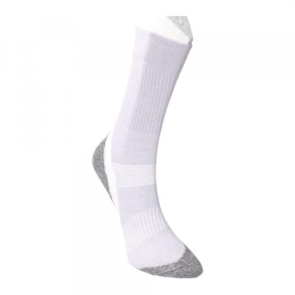 The image shows a white sports sock with gray accents. It features a textured pattern and elastic bands to ensure a good fit. The sock is long and comfortable.