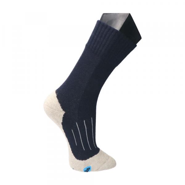 The image shows a dark blue sock with a beige foot area. The sock has a ribbed structure at the top and five white lines marking the toes. It is placed on a sock stretcher.