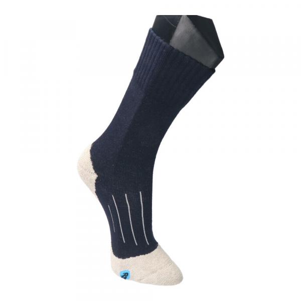 The image shows a dark blue sock with a light beige foot part. The sock has a ribbed structure on the shaft and displays some white lines.