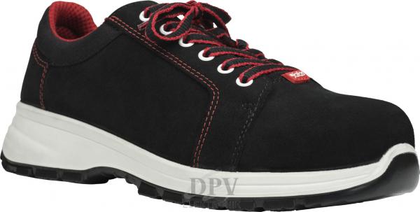 The shoe is black with red laces. It has a reinforced toe cap and a bright, non-slip sole. The design is sporty and suitable for the workplace.