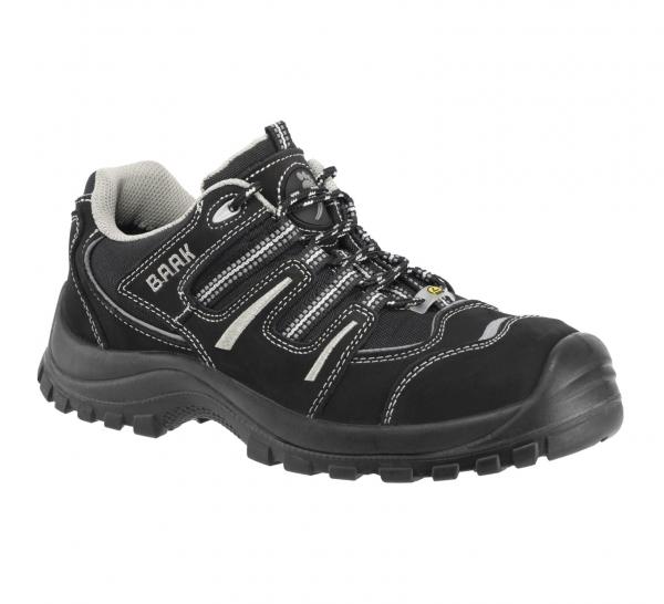 The shoe is a sturdy, black hiking shoe with a grippy, profiled sole. It has laces and reflective elements that provide better grip and comfort.