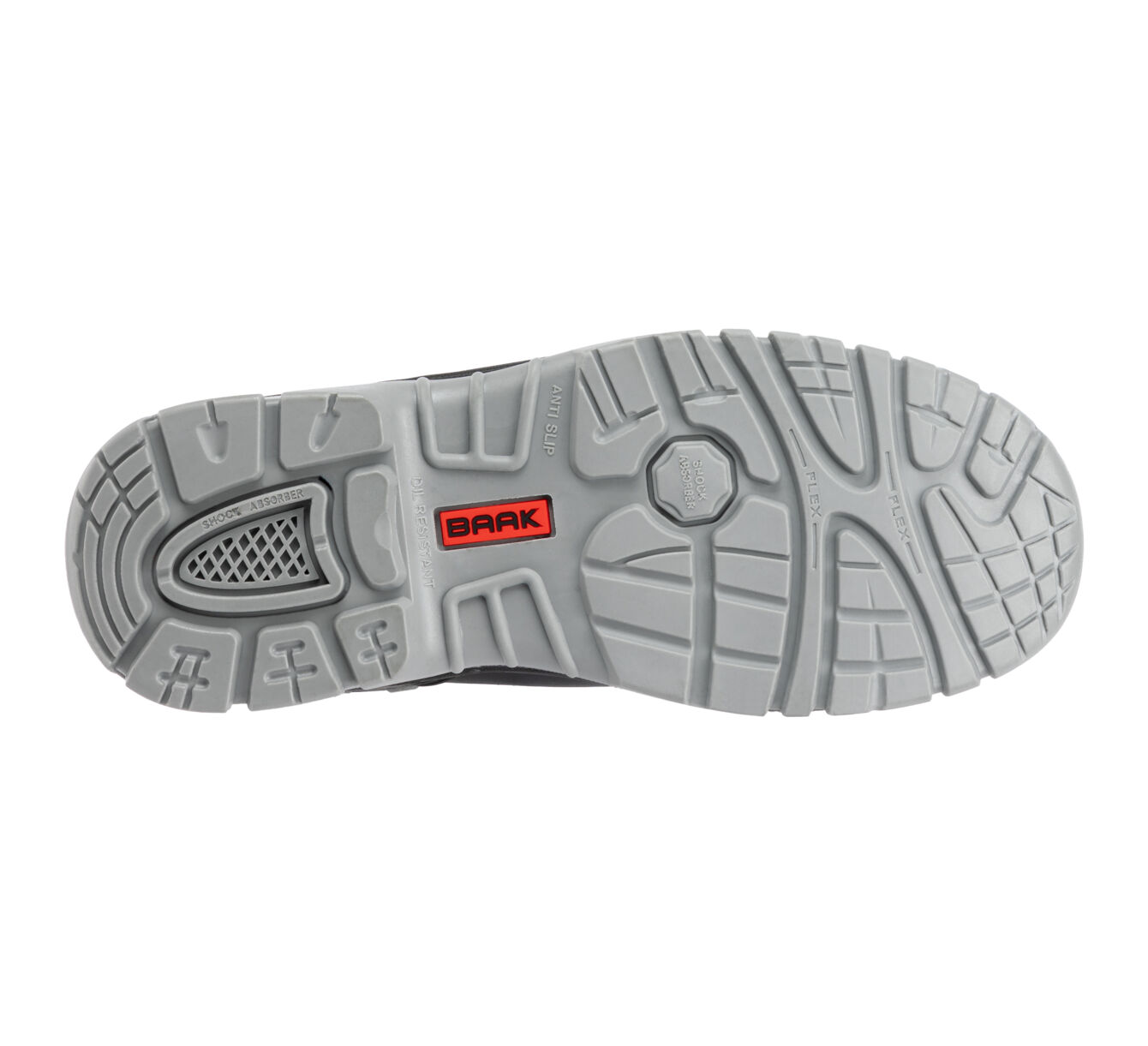 The image shows the underside of a sports shoe. The sole is in a gray shade with textured patterns and a red inscription "BRAK". It has a non-slip, profiled surface.