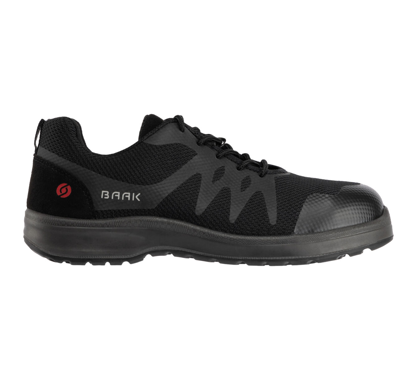 The shoe is a lightweight, black sneaker with a flexible sole. It features a breathable upper and a padded tongue. The logo "BAAK" is visible on the side.