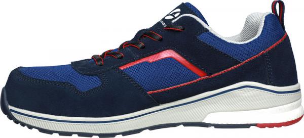 The shoe is a blue sports or casual shoe with red and white accents. It has laces, a thick, non-slip sole, and is designed for comfort.