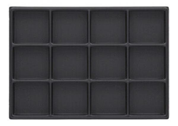 The image displays a rectangular, black baking sheet with 12 uniform indentations. It is flat and has a smooth surface, ideal for baking or serving.