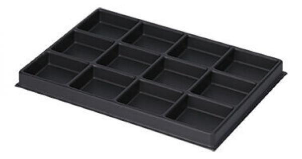 The image displays a rectangular, black tray with several equally-sized recessed sections. It has a total of 12 compartments, arranged evenly.