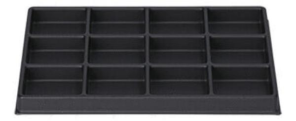 The image displays a black storage unit with multiple rectangular compartments. It features a total of 16 even compartments, arranged uniformly.