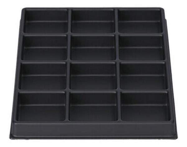 The image shows a black baking tray with 15 rectangular compartments. It has a flat rim and the compartments are evenly arranged, ideal for muffins or snacks.