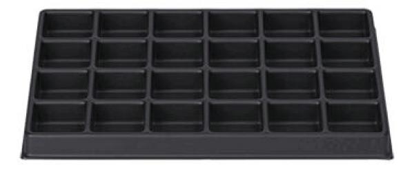 The image shows a black plastic mold with 24 rectangular indentations, arranged in multiple rows and columns. This mold could be used for baking or storage.