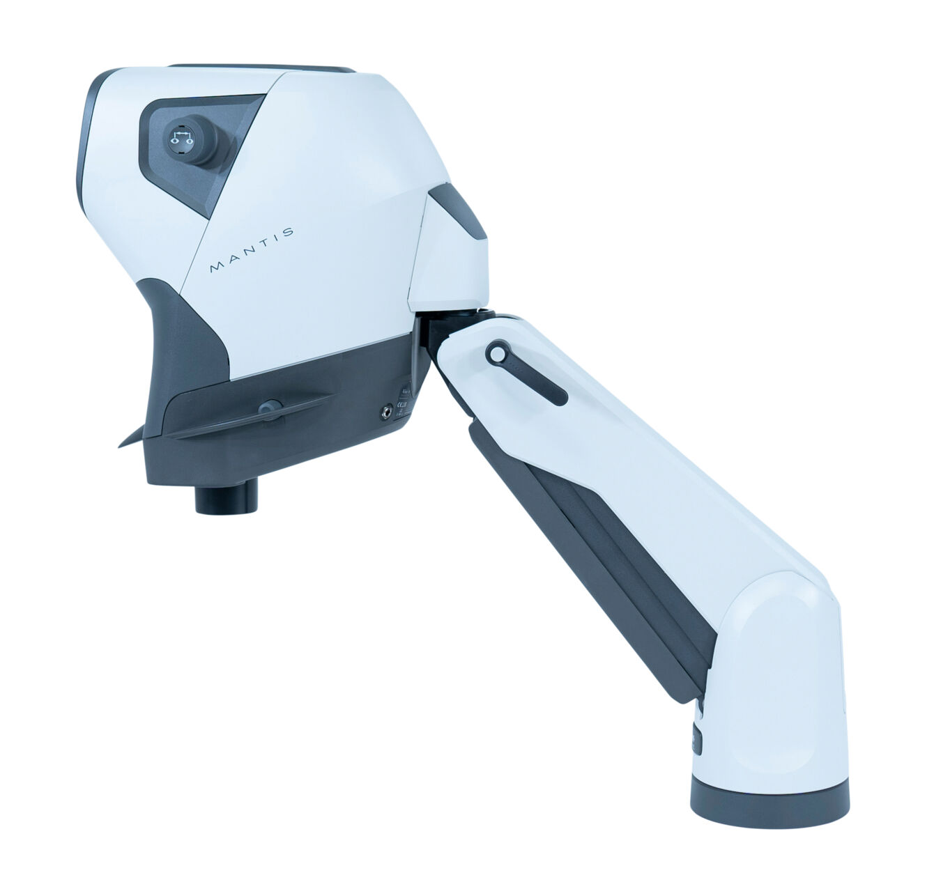 This is a device with a head and a movable arm. The surface is primarily white with gray accents. It looks futuristic and mechanical.