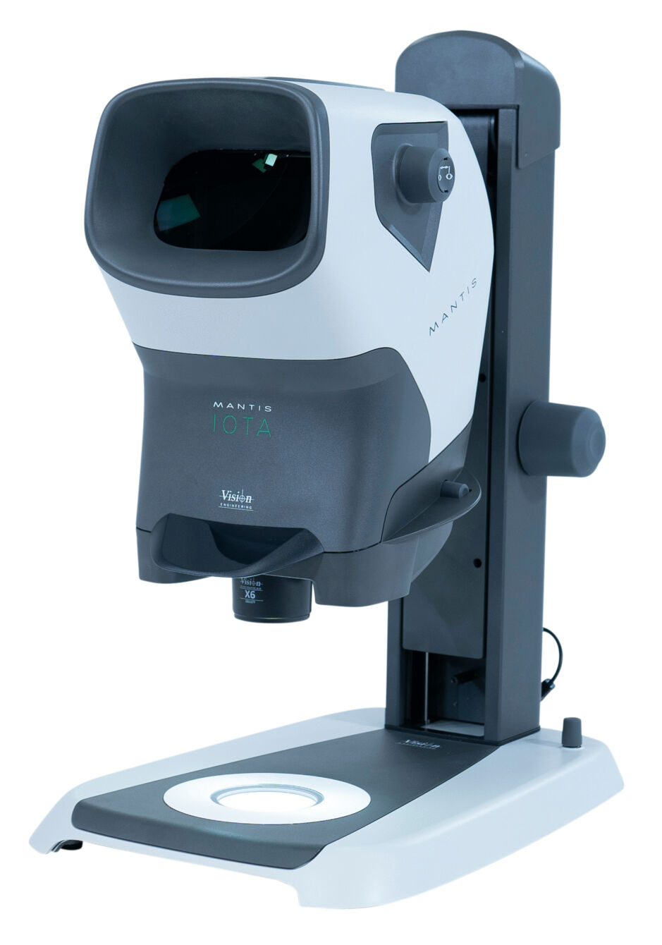 The image shows a medical device with a large, rectangular head and a sturdy, gray base. It has a round opening for examination and various settings.