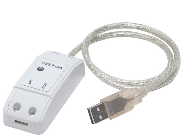 The image shows a USB relay. It has a rectangular, white shape with two buttons and two small LEDs. A transparent USB cable connects it to a computer.