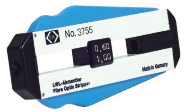 The image shows a tool for stripping fiber optic cables. It has a blue, curved back and a white front with numbers and the text "Made in Germany".