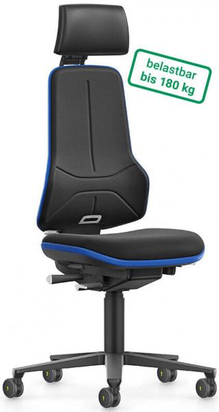 The office chair has a high backrest and a padded seat. It is black with blue accents and can support up to 180 kg. The chair has casters for mobility.