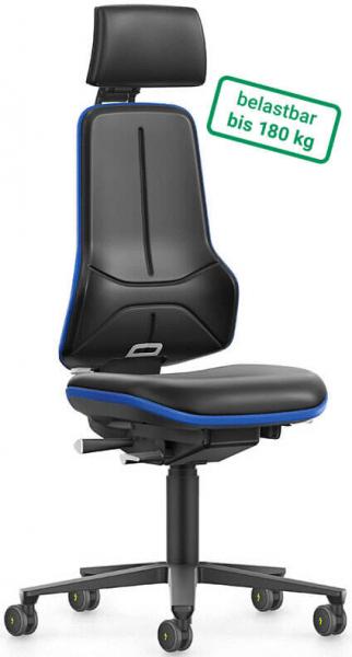 The office chair is ergonomic with black upholstery and blue accents. It features a high backrest, an adjustable headrest, and five casters for mobility. Load capacity up to 180 kg.