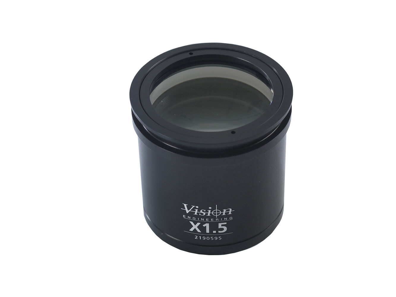 The image shows a cylindrical, black lens container with a glass front. It is an optical accessory, labeled with "Vision X1.5".