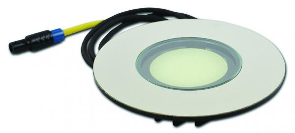 The image shows a round LED recessed light with a white frame and a central, smooth light surface. A cable with a plug is attached. The light appears modern and slim.