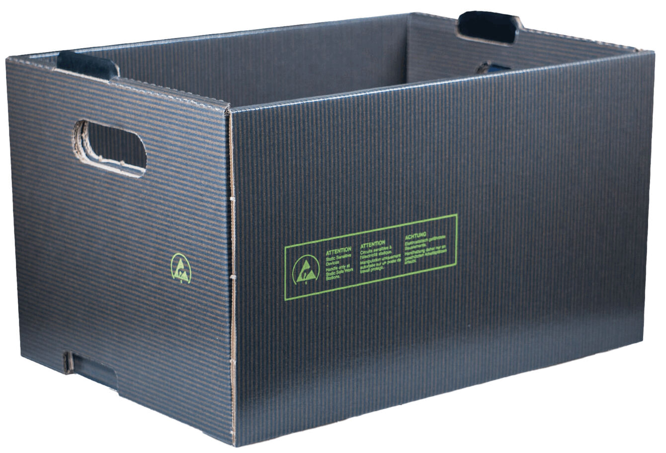 The image shows a trapezoidal, black cardboard box with green lines and a logo. It has side cut-out handles and is open, allowing it to be used for storing items.