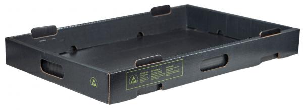 It is a flat, rectangular box made of sturdy cardboard. It has side grip openings and is in dark black. The bottom is smooth and the edge is slightly raised.