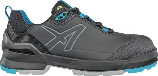 The shoe is low, made of gray material with black and blue accents. It has a sporty shape, reinforced toes, and a non-slip sole. The laces are blue in color.