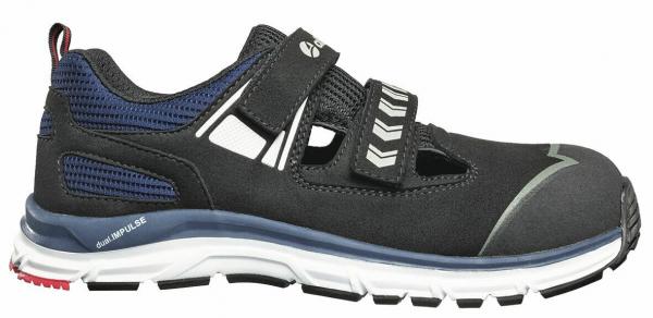 The shoe is a sporty model in black with blue accents. It has two wide Velcro straps, a grippy sole, and is suitable for outdoor activities.