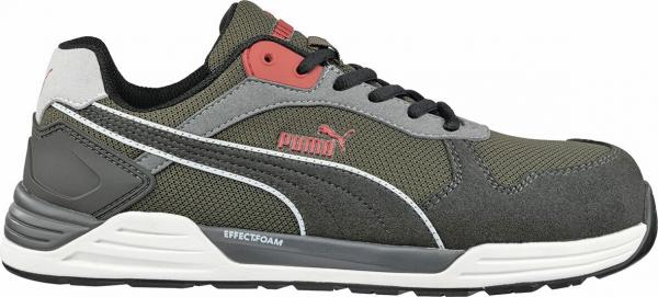 The shoe is a sporty sneaker in gray and olive tones. It has a gray sole, black accents, and a red lace. The surface is made of breathable material.