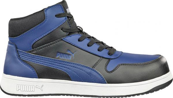 The shoe is a mid-top sneaker in blue and black with a smooth surface. It has a white sole and black laces. On the side is the Puma logo.