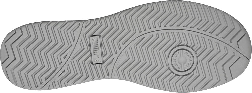 The image displays the underside of a shoe. The sole is light gray with a non-slip tread featuring deep, wavy patterns and a round logo in the center.