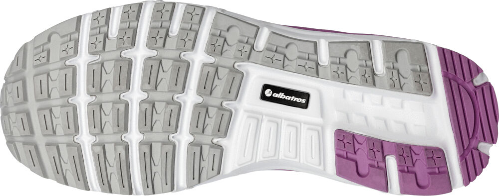 The image shows the sole of a sports shoe. It is made of non-slip rubber, features a wave pattern with various cleats, and combines gray, white, and purple.