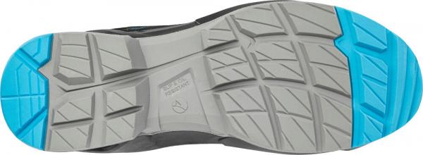 The image shows the sole of a shoe. The midsole is gray with diamond-shaped patterns, while the outer sole at the edge is light blue. It has a coarse tread for better grip.