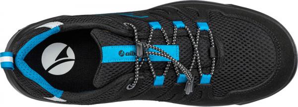 The image shows a black sports shoe with blue accents. It has decorative lacing and a breathable surface. The insole is visible and the shape of the shoe is sporty.