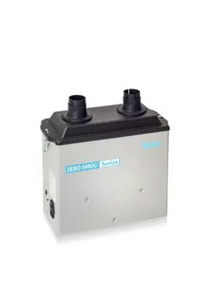 The image shows a rectangular, silver-colored device with a black top. It has two black tubes on the top and blue lettering that reads "ZERO SMOG Series".