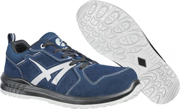 The image shows a blue sports shoe with black and white details. It has a flexible, non-slip sole and laces. The shoe is designed to be modern and sporty.