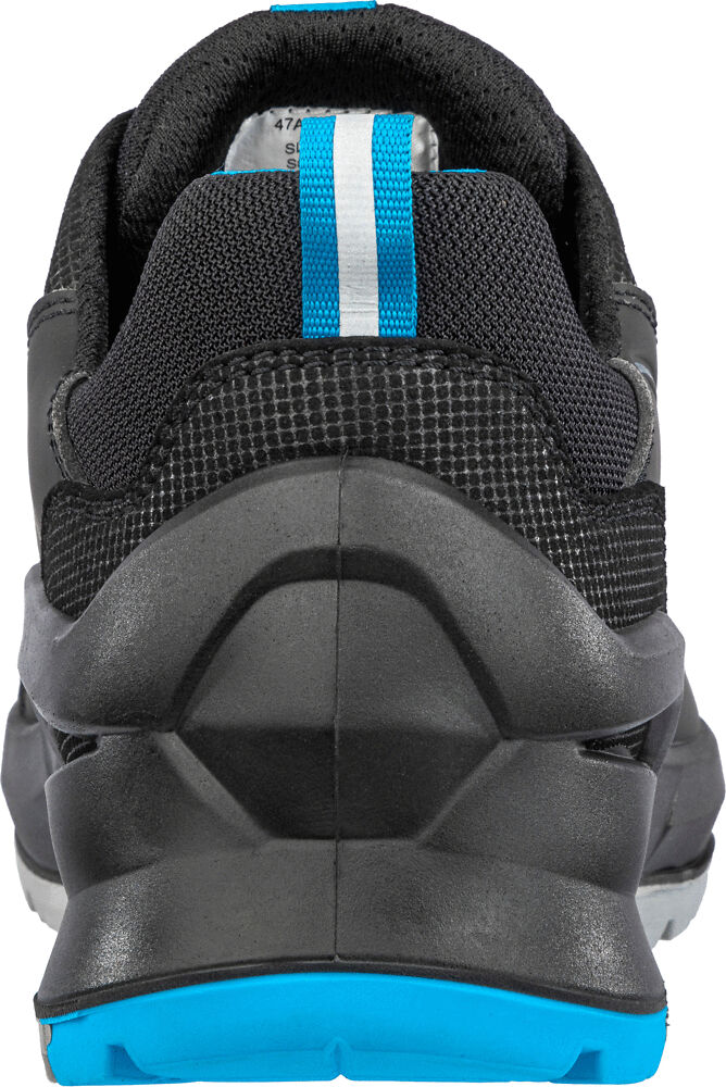 The image shows the rear view of a sporty shoe. It is predominantly black with a blue accent on the sole. The surface has textured material and a reinforced heel.