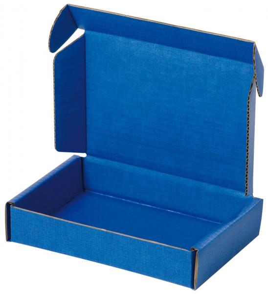 The image shows a blue cardboard box. It is open, with folded flaps on top. The interior is also blue and flat, ideal for storing items.