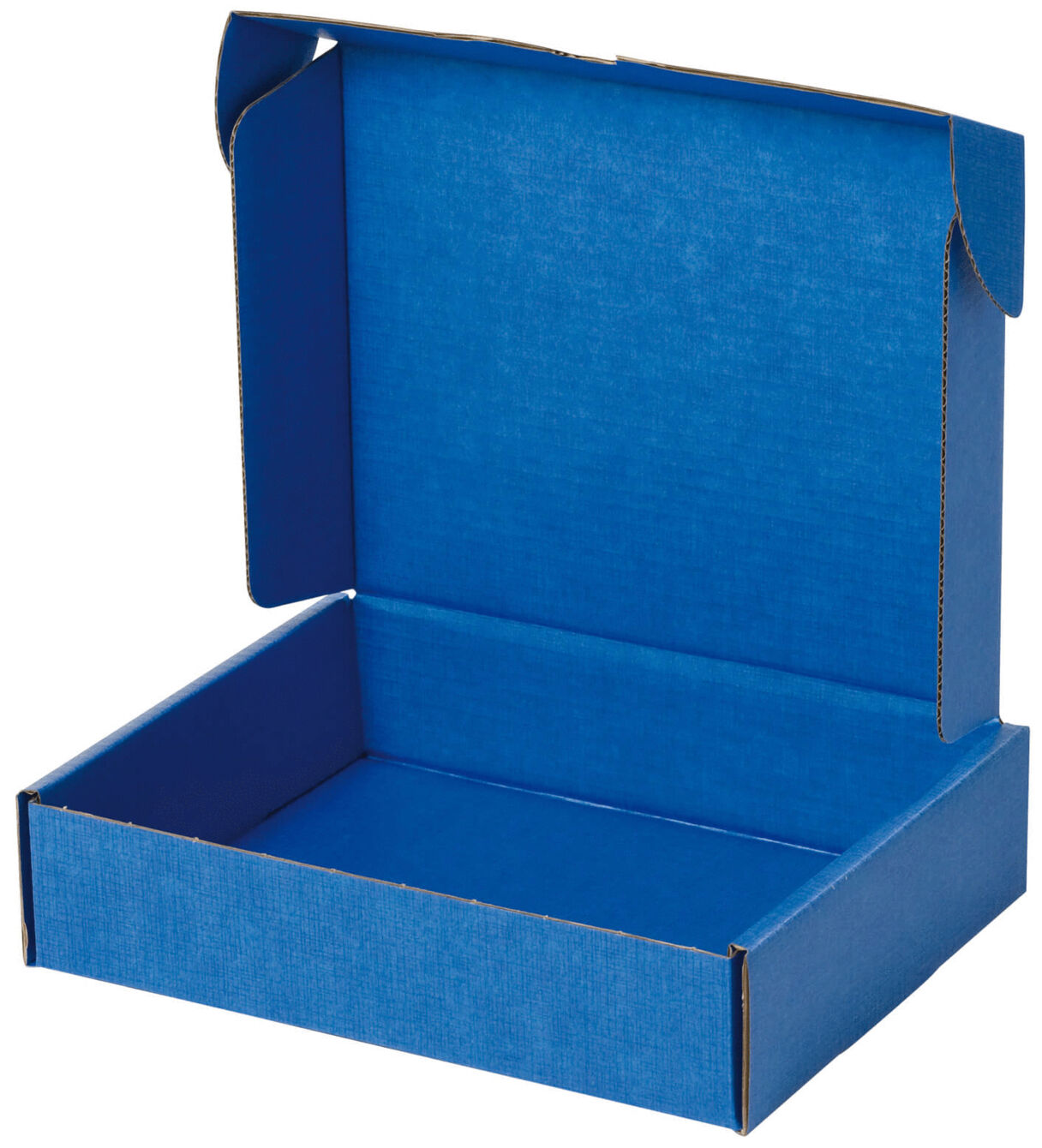 The image shows an open, rectangular cardboard box in a strong blue. It has a foldable top and a sturdy bottom. Inside, it is also blue and has no filling.