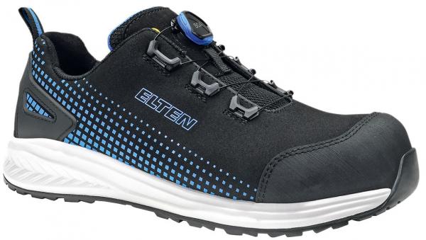 The shoe is black with blue accents and a grid-like pattern. It has a reinforced toe and a quick lacing system with a twist mechanism.