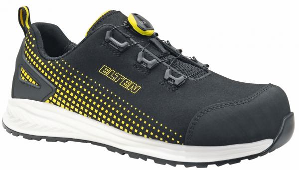 The shoe is black with yellow accents. It has a sporty, lightweight shape and secure lacing that is adjusted by a twist lock. The sole is stable and slip-resistant.