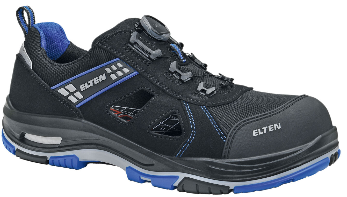 The shoe is black with blue accents. It has a sturdy sole and a special lacing with a closure system. Ideal for work or leisure. Lightweight and comfortable.