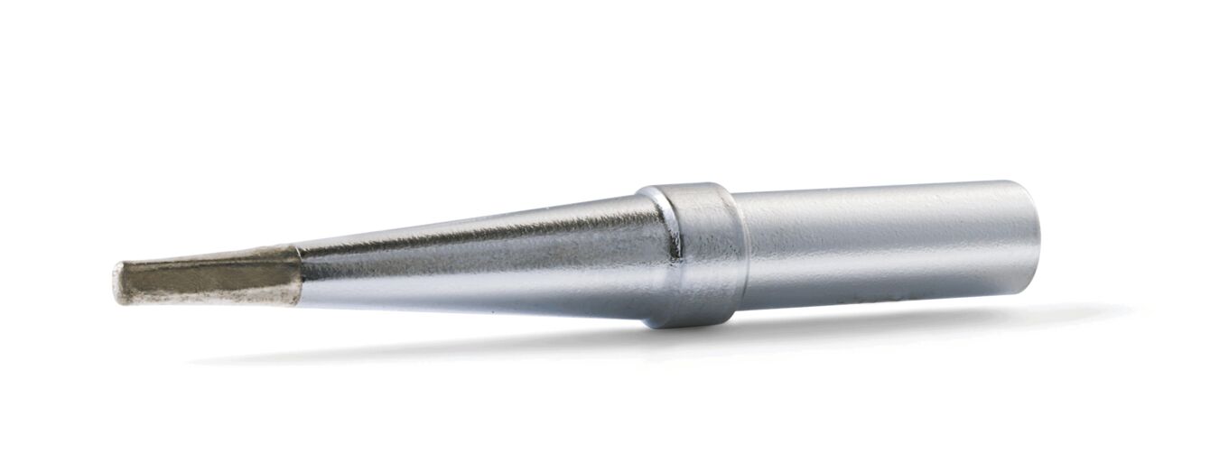 The image shows a silver pen or needle with a tapered end. The body is cylindrical and has a larger diameter at the base.