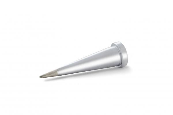 The image displays a silver metallic object in a conical shape. It has a pointed, narrow tip and a wider, flat base. The object could be a pen or a tool.