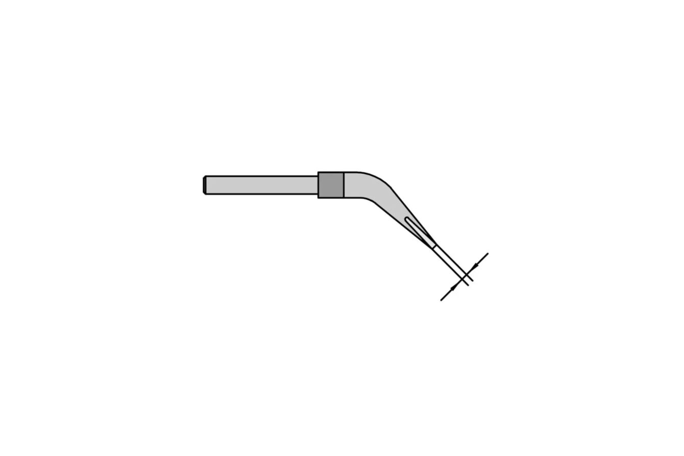 The image displays a schematic illustration of a curved pipe or tube with a pointed tip that points to a spot. The lines are simple and clear.